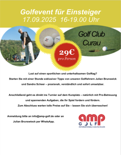 Golfevent für Einsteiger mit Sandra Scheer (amp) und Julian Brunswieck (GCC) am Mittwoch, dem  17.09.2025 von 16:00 - 19:00 Uhr